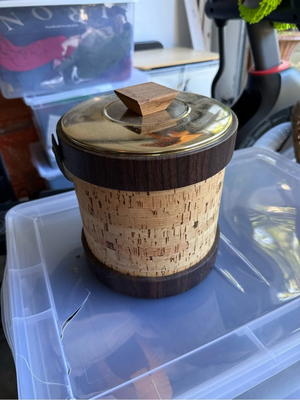 Midcentury Cork & Wood Ice Bucket with Brass Lid